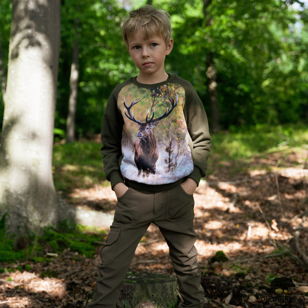 Bluza dziecięca bawełniana, kolor khaki, nadruk JELEŃ