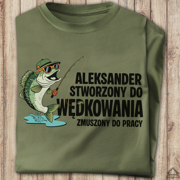 Wędkarska koszulka bawełniana T-shirt nadruk IMIĘ - STWORZONY DO WĘDKOWANIA