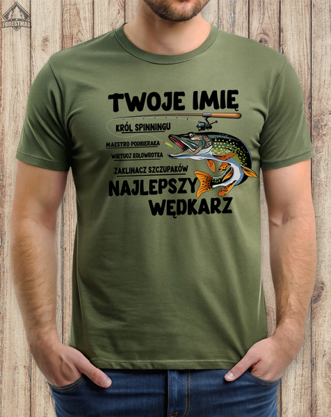 Wędkarska koszulka bawełniana T-shirt nadruk IMIĘ - NAJLEPSZY WĘDKARZ