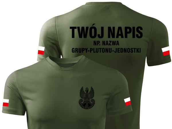 Termoaktywna koszulka MON khaki - nadruk Orzełek WOT, flagi Polski, WŁASNY NAPIS na plecach