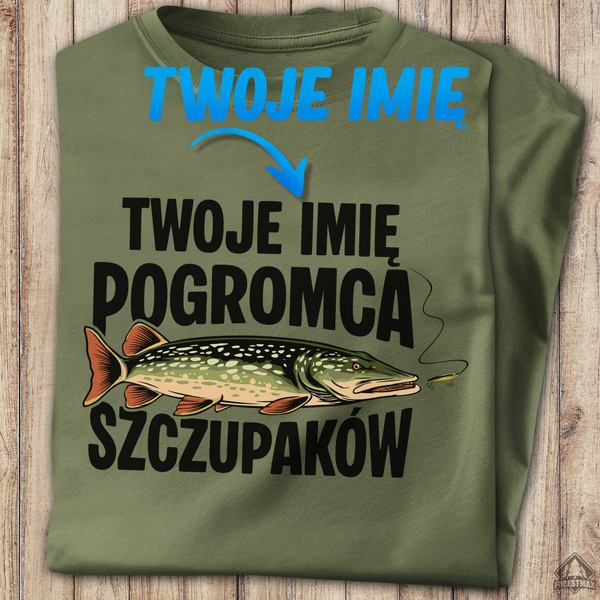 Wędkarska koszulka bawełniana T-shirt nadruk IMIĘ - POGROMCA SZCZUPAKÓW