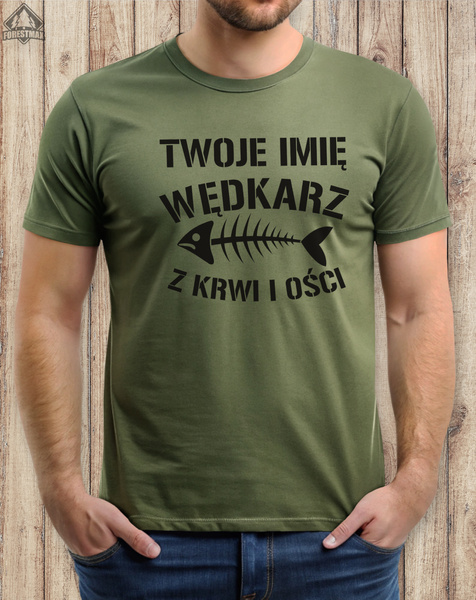 Wędkarska koszulka bawełniana T-shirt nadruk IMIĘ - WĘDKARZ Z KRWI I OŚCI