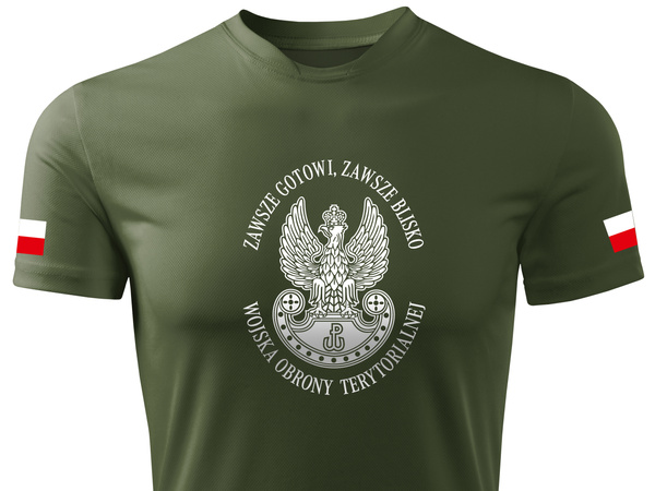 Termoaktywna koszulka wojskowa khaki - nadruk Godło WOT i flagi Polski