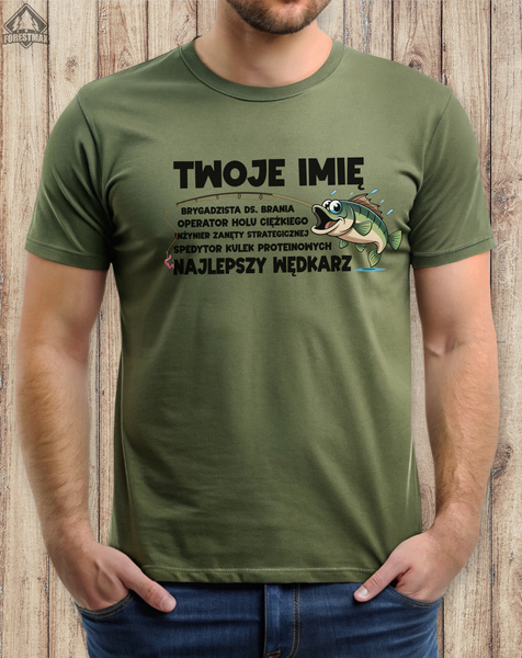 Wędkarska koszulka bawełniana T-shirt nadruk IMIĘ - NAJLEPSZY WĘDKARZ