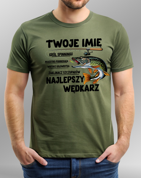 Wędkarska koszulka bawełniana T-shirt nadruk IMIĘ - NAJLEPSZY WĘDKARZ
