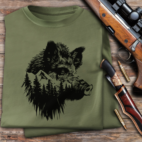 Myśliwska koszulka bawełniana T-shirt khaki nadruk - GŁOWA DZIKA