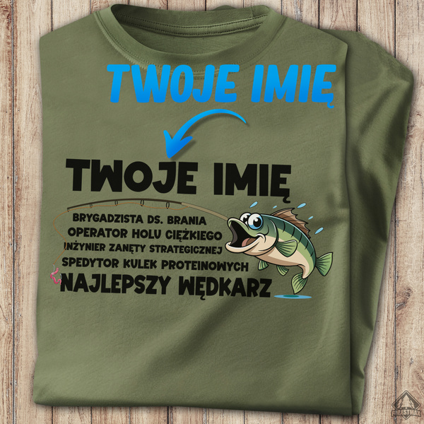 Wędkarska koszulka bawełniana T-shirt nadruk IMIĘ - NAJLEPSZY WĘDKARZ