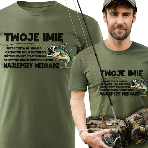 Wędkarska koszulka bawełniana T-shirt nadruk IMIĘ - NAJLEPSZY WĘDKARZ