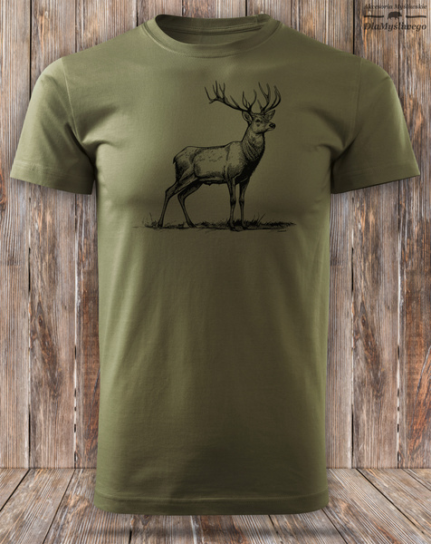 Myśliwska koszulka bawełniana T-shirt zieleń wojskowa nadruk - JELEŃ