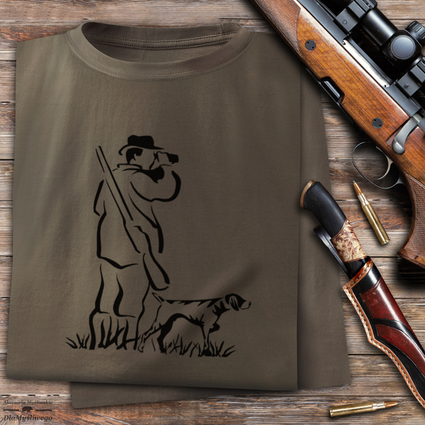 Myśliwska koszulka bawełniana T-shirt brązowa nadruk - MYŚLIWY Z PSEM