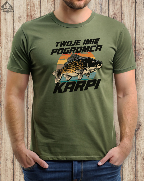 Wędkarska koszulka bawełniana T-shirt nadruk IMIĘ - POGROMCA KARPI