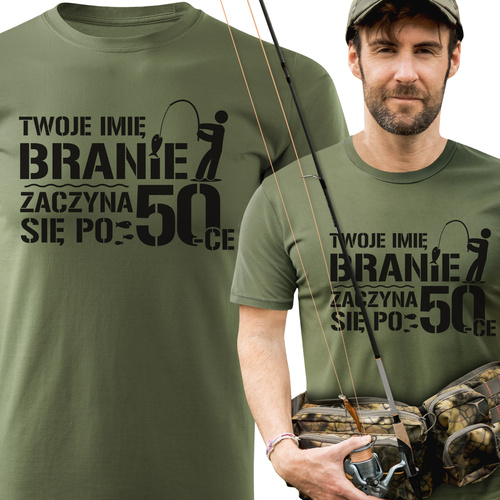Wędkarska koszulka bawełniana T-shirt nadruk IMIĘ - BRANIE ZACZYNA SIĘ PO 50-tce
