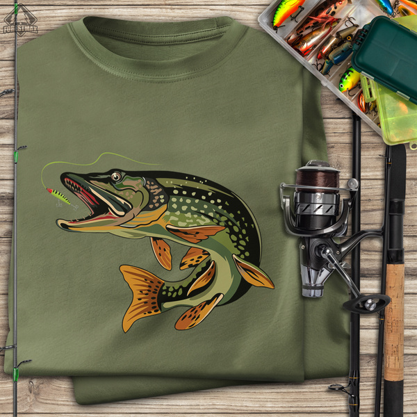 Wędkarska koszulka bawełniana T-shirt z dużym nadrukiem SZCZUPAK