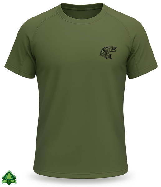 Termoaktywna koszulka wędkarska T-shirt kolor khaki nadruk SZCZUPAK