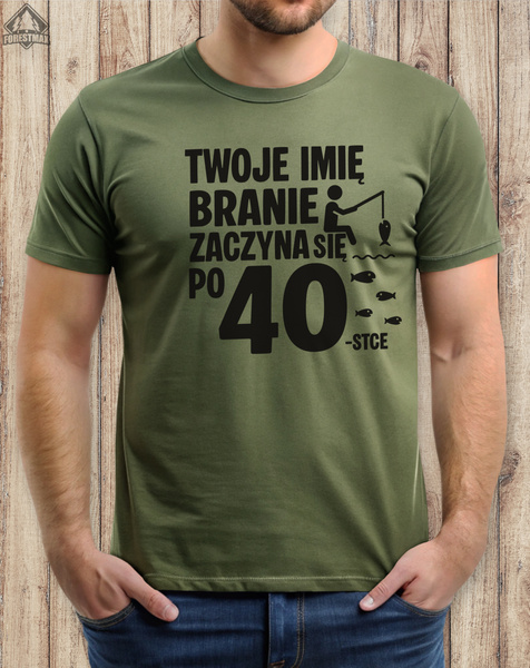 Wędkarska koszulka bawełniana T-shirt nadruk IMIĘ - BRANIE ZACZYNA SIĘ PO 40-stce