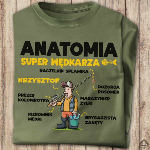 Wędkarska koszulka bawełniana T-shirt nadruk IMIĘ - ANATOMIA WĘDKARZA