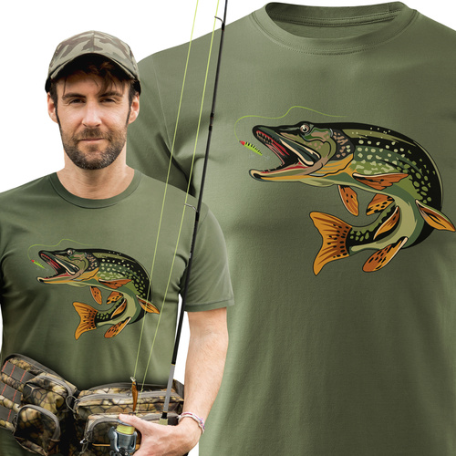 Wędkarska koszulka bawełniana T-shirt z dużym nadrukiem SZCZUPAK