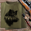 Myśliwska koszulka bawełniana T-shirt zieleń wojskowa nadruk - GŁOWA DZIKA