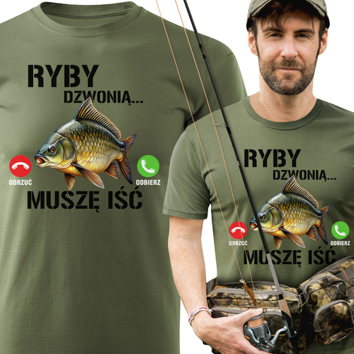 Wędkarska koszulka T-shirt khaki nadruk RYBY DZWONIĄ - MUSZĘ IŚĆ