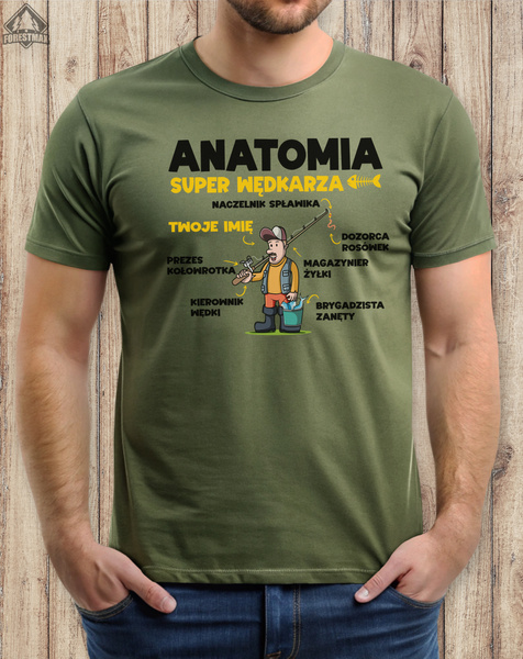 Wędkarska koszulka bawełniana T-shirt nadruk IMIĘ - ANATOMIA WĘDKARZA