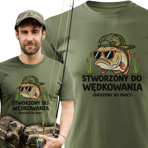 Wędkarska koszulka bawełniana T-shirt z dużym nadrukiem STWORZONY DO WĘDKOWANIA