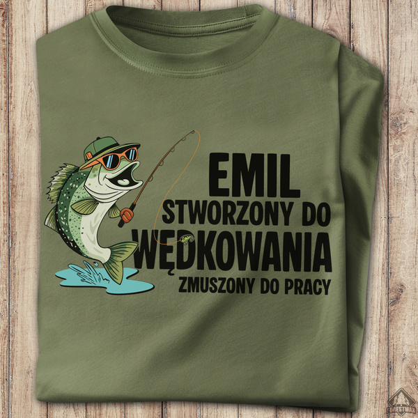 Wędkarska koszulka bawełniana T-shirt nadruk IMIĘ - STWORZONY DO WĘDKOWANIA