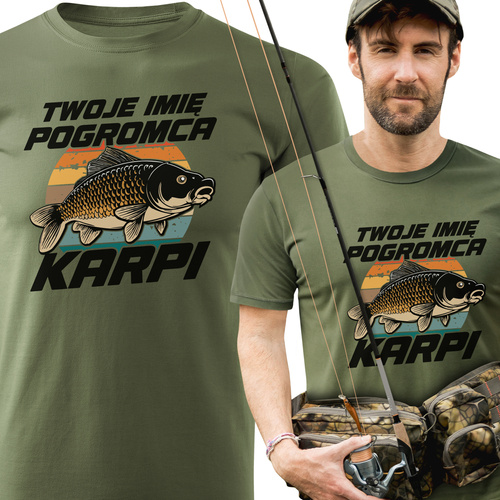 Wędkarska koszulka bawełniana T-shirt nadruk IMIĘ - POGROMCA KARPI