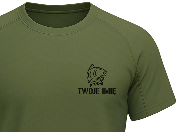 Termoaktywna koszulka wędkarska T-shirt kolor khaki nadruk KARP i TWOJE IMIĘ