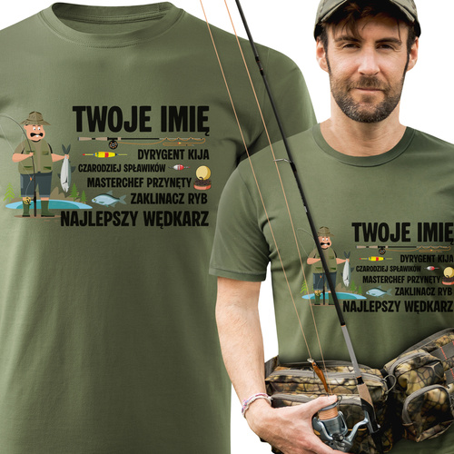 Wędkarska koszulka bawełniana T-shirt nadruk IMIĘ - NAJLEPSZY WĘDKARZ