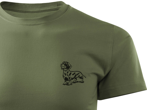 Koszulka bawełniana T-shirt khaki, mały nadruk - JAMNIK SZORSTKOWŁOSY