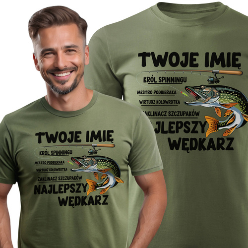 Wędkarska koszulka bawełniana T-shirt nadruk IMIĘ - NAJLEPSZY WĘDKARZ