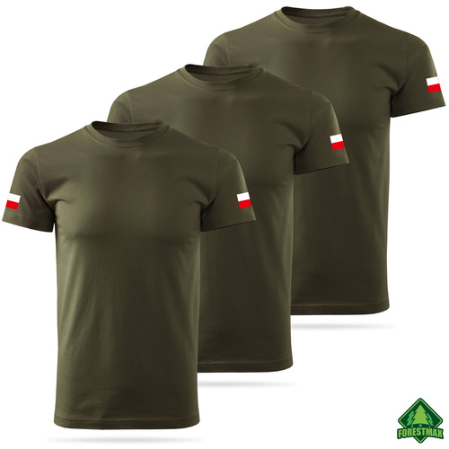 Zestaw bawełnianych koszulek gładkich MILITARY z flagami POLSKI - 3 PAK