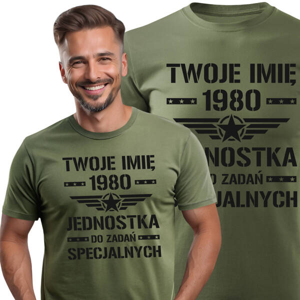 Koszulka T-shirt nadruk JEDNOSTKA SPECJALNA + IMIĘ I DATA URODZENIA