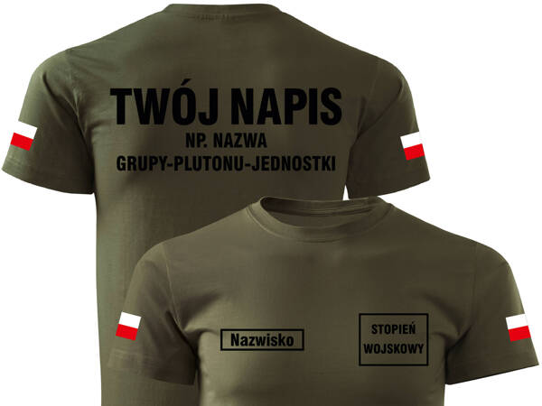 Koszulka WOT nadruk:  stopień + nazwisko + własny napis + flagi Polski