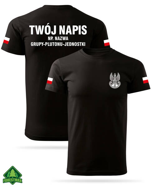 Koszulka czarna nadruk - orzeł WOT + własny napis + flagi Polski