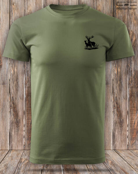 Myśliwska koszulka bawełniana T-shirt khaki mały nadruk - BYK z ŁANIĄ