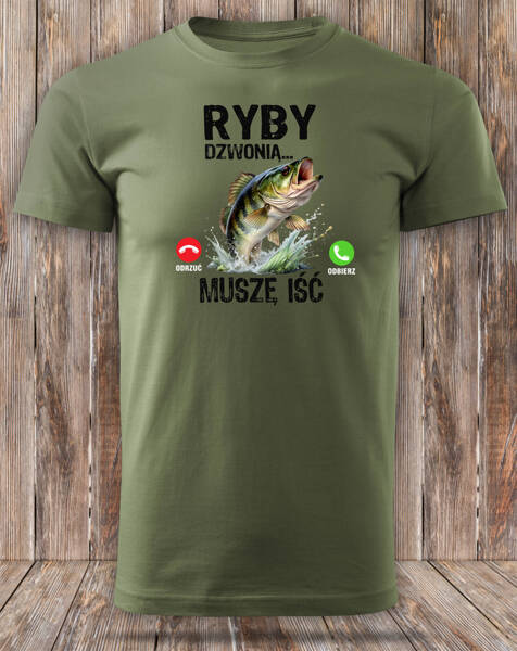 Wędkarska koszulka bawełniana T-shirt khaki nadruk RYBY DZWONIĄ - MUSZĘ IŚĆ