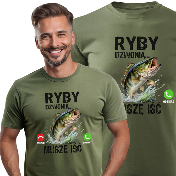 Wędkarska koszulka bawełniana T-shirt khaki nadruk RYBY DZWONIĄ - MUSZĘ IŚĆ